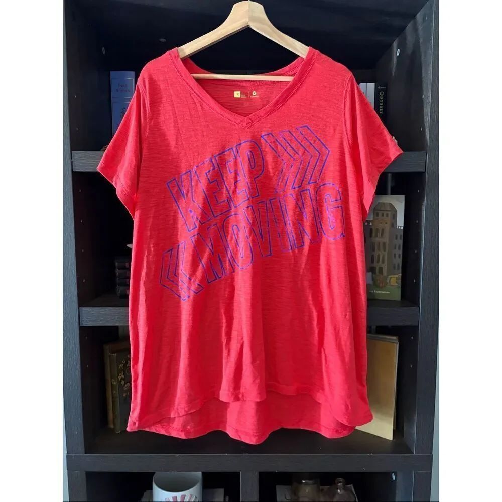 🐿️ Xersion Plus Red & Blue Multi Motivational Keep Moving Short Sleeve Top 1X